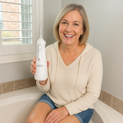 mulher 50+ segurando irrigador dental jetfloss